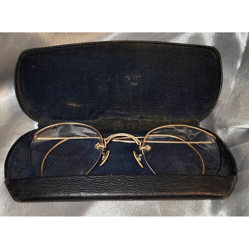 Antique 1/10 12K Gold Filled Rimless Eyeglasses Round Cable With Case READ